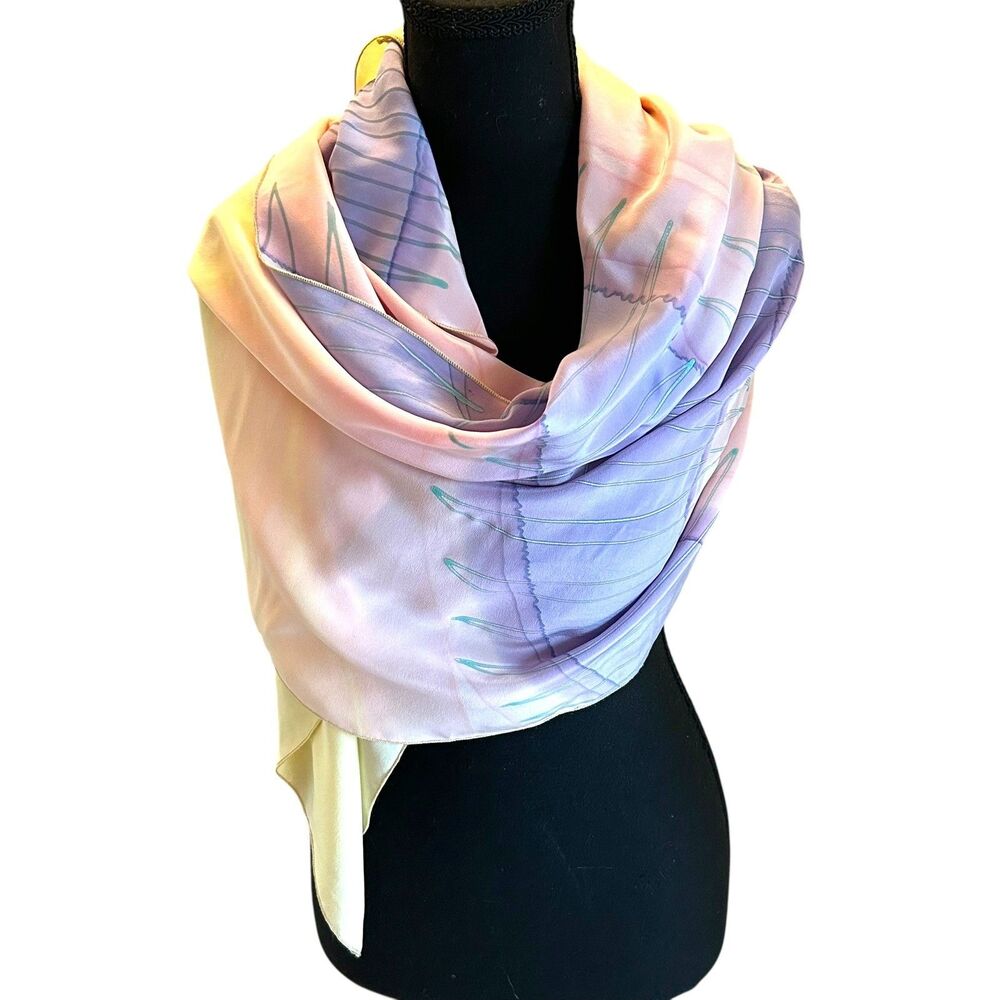 1980s Silk Scarf Hand Painted Silk Signed Moss Pink Sparkles Vintage 42 x 44